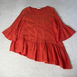 Bryn Walker Womens Blouse Small Linen Coral Red Ruffle Lagenlook Tunic